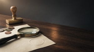 Cómo comprobar si un bróker está autorizado por la CNMV: una lupa sobre un documento con sello en relieve y un sello de lacre