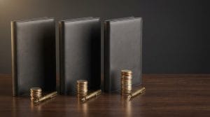 Qué bróker elegir para fondos indexados en España: tres carpetas de piel con montones de monedas de distinta altura para comparar