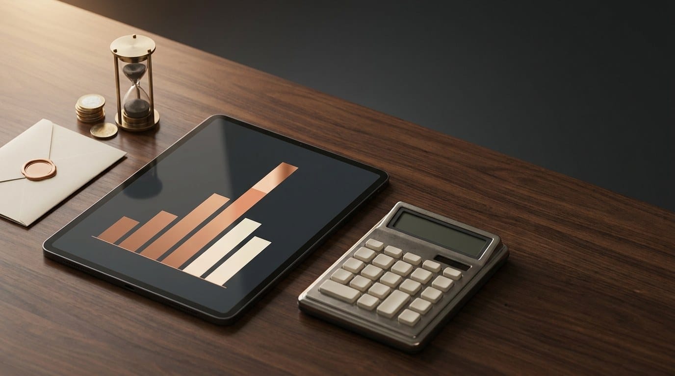 Calculadora del plan de pensiones: tableta con un gráfico de ahorro fiscal, calculadora, reloj de arena y monedas