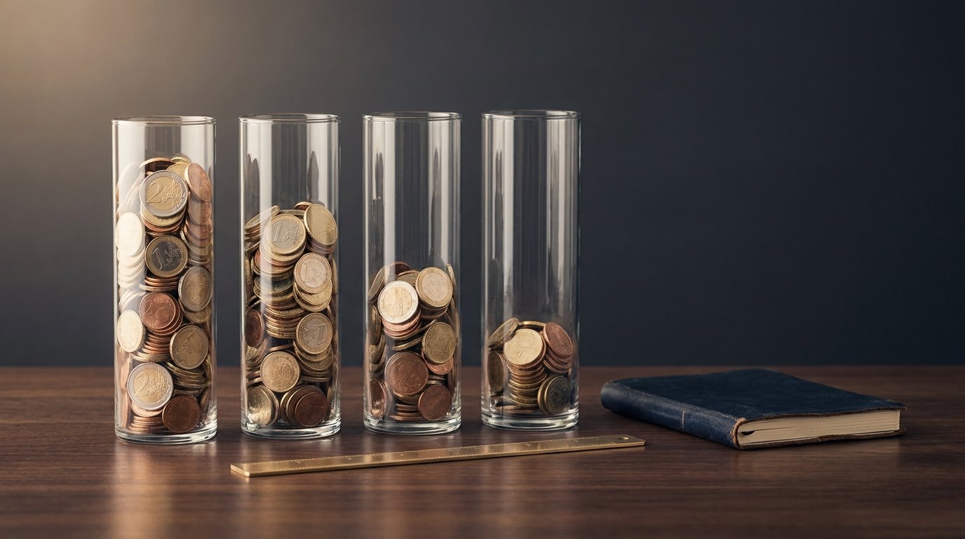 Comparador de comisiones: cuatro probetas de cristal con monedas de euro a distinta altura, que muestran cómo el coste reduce el capital con el tiempo