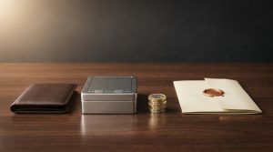 Cuenta remunerada, depósito, fondo monetario o Letras: diferencias: una cartera, una caja fuerte pequeña, monedas y un documento lacrado