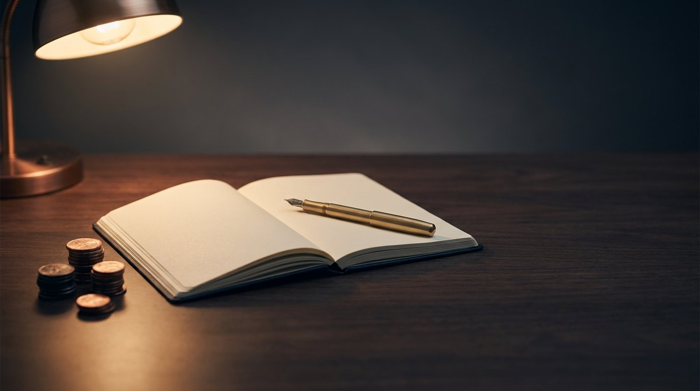 Empezar a invertir: cuaderno abierto con una pluma y monedas sobre un escritorio, imagen de la guía Empieza aquí