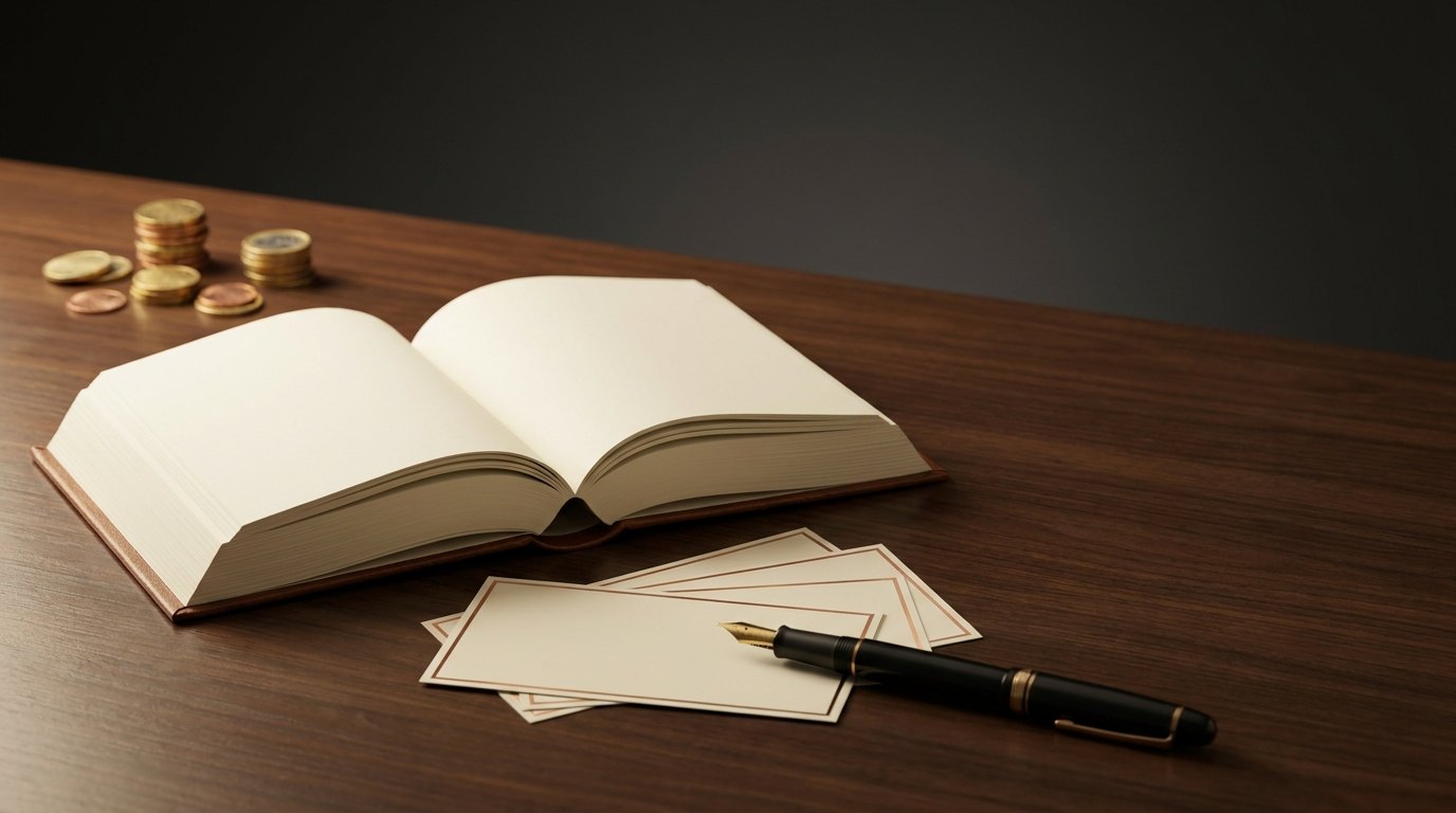 Glosario del inversor: libro de consulta abierto con fichas en blanco y una pluma sobre un escritorio