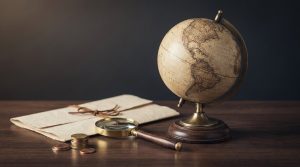 Modelo 720: cuándo hay que declarar tus inversiones en el extranjero: un globo terráqueo, un documento doblado, una lupa y monedas