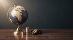MSCI World vs S&P 500: qué incluye cada índice exactamente: un globo terráqueo junto a dos montones de monedas de distinta altura