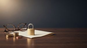 Qué es un plan de previsión asegurado (PPA): un candado cerrado sobre un documento, monedas y gafas
