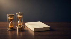 La regla de los dos meses: dos relojes de arena junto a monedas de euro y un calendario cerrado, que sugieren el plazo de espera antes de recomprar