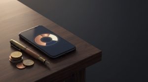 Roboadvisors en España: qué son, cómo funcionan y cuánto cuestan: un móvil con un gráfico circular, monedas y una pluma