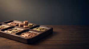 Cómo se reparte por sectores el índice mundial: una bandeja con compartimentos y distintas cantidades de monedas